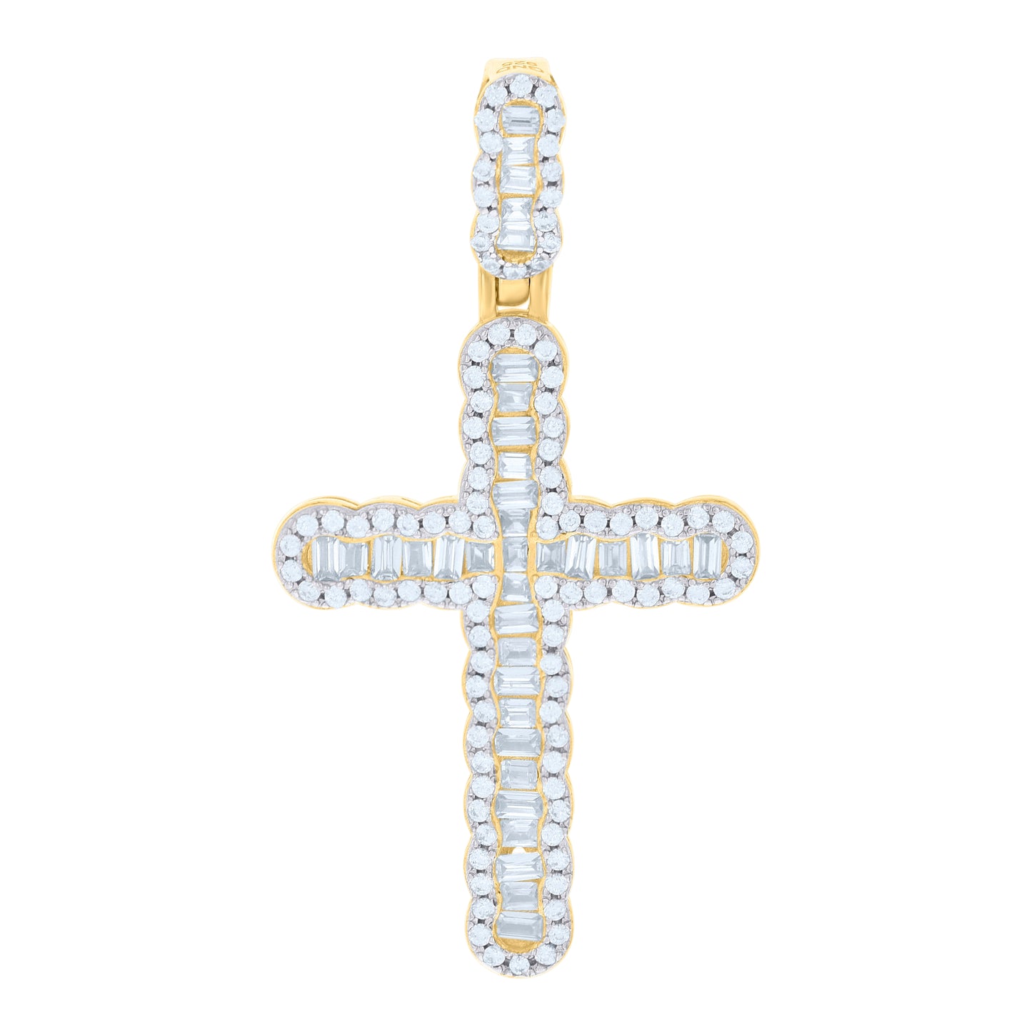 Sterling Silver Men Baguette Round Cubic-Zirconia Cross Religious Charm Pendant