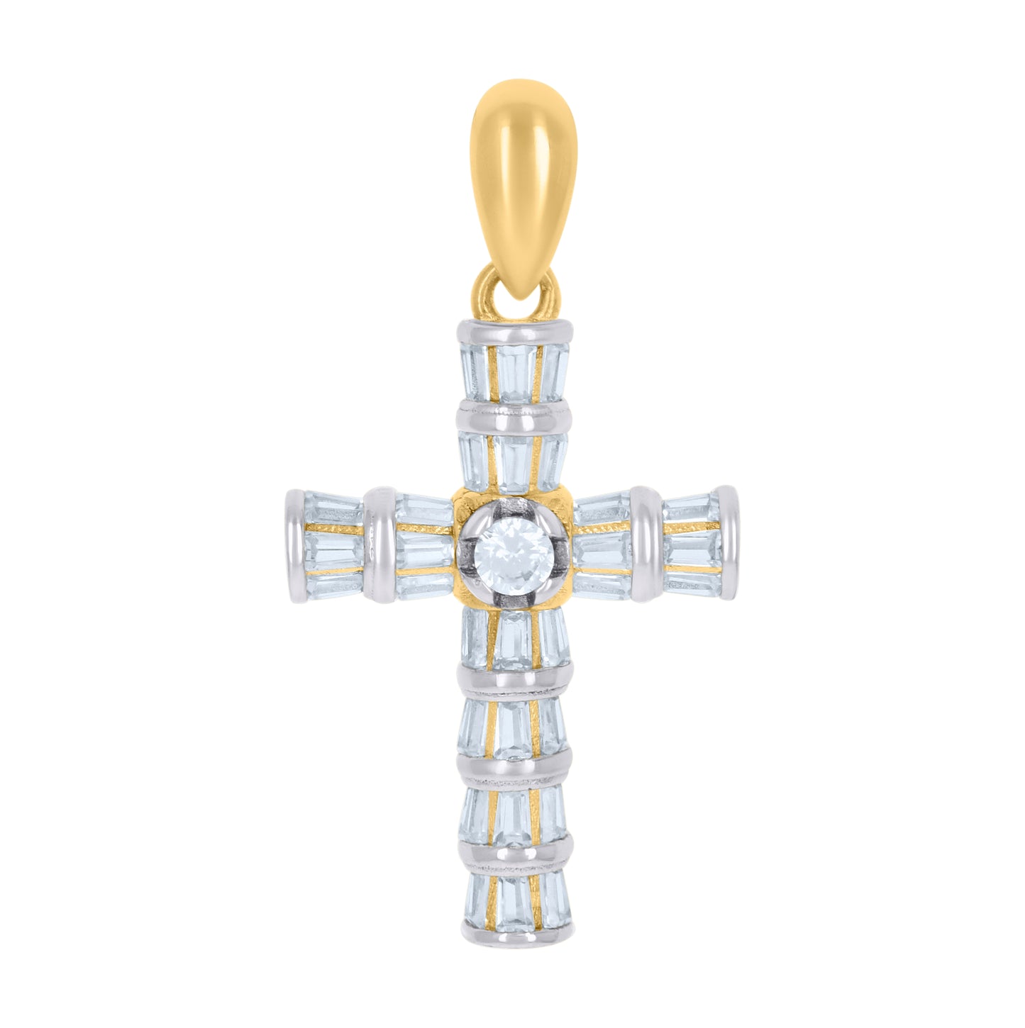 Sterling Silver Yellow-Tone Womens Baguette Round Cubic-Zirconia Cross Religious Charm Pendant
