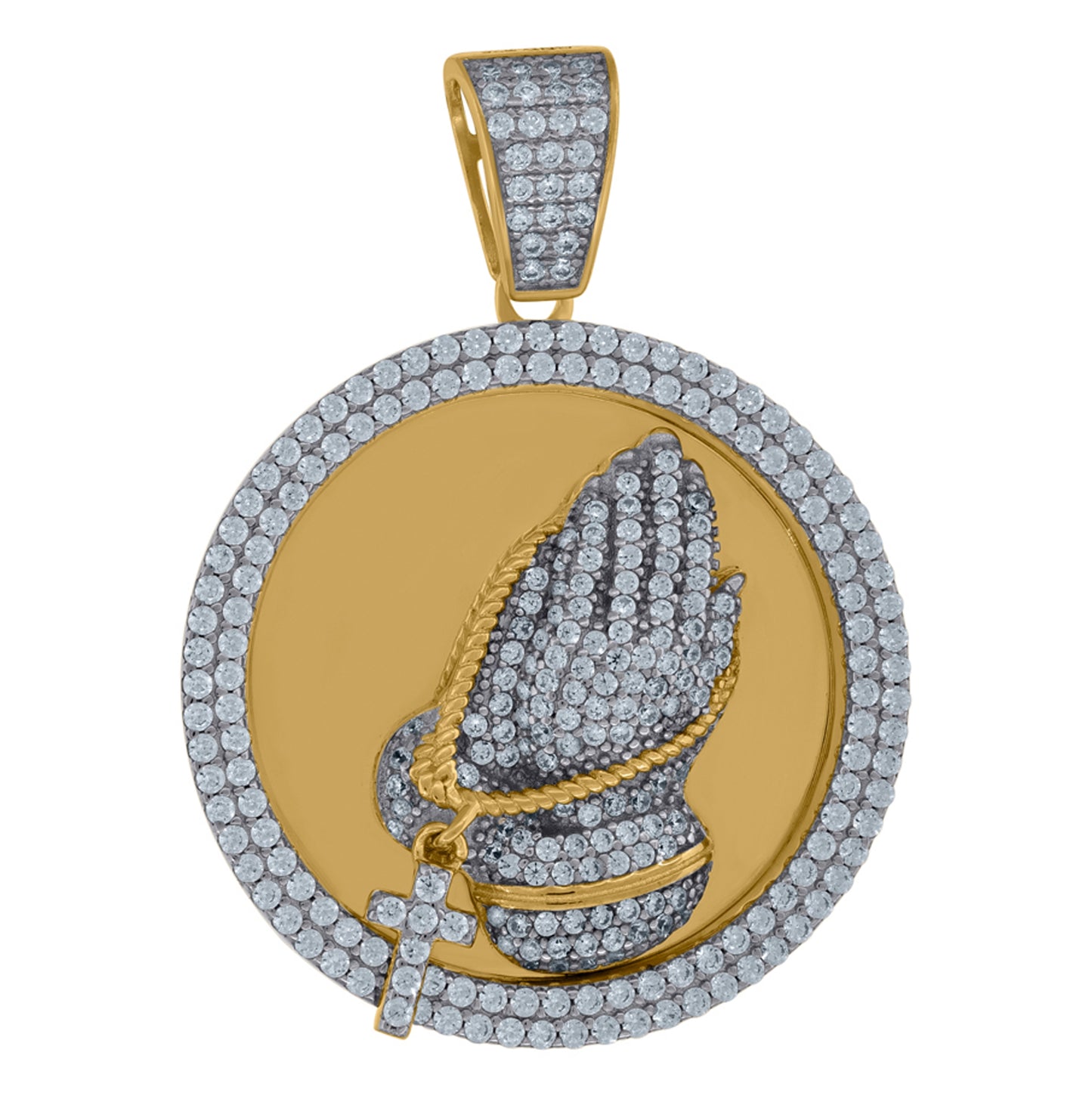 Sterling Silver Mens Cubic-Zirconia Medallion Praying Hands Symbol Religious Charm Pendant