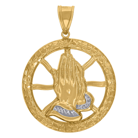 10K Two-Tone Gold Mens Religious Praying Hands Medallion Charm Pendant