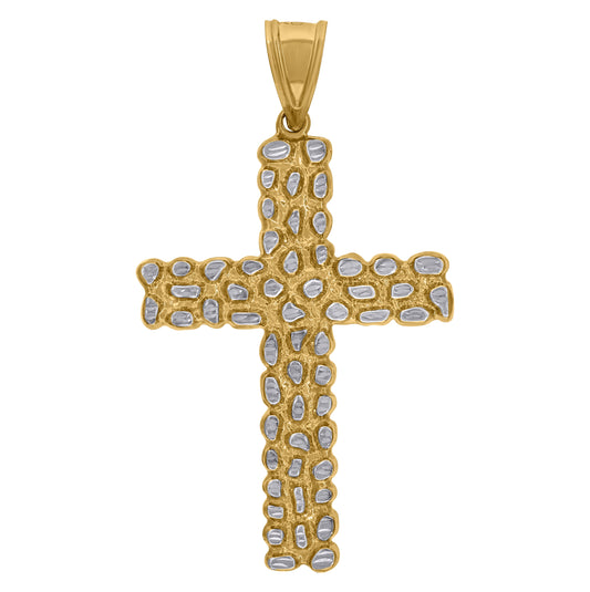 10K Two-Tone Gold Mens Religious Nugget Cross Pendant