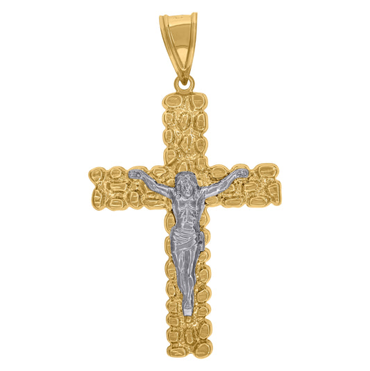 10K Two-Tone Gold Textured Cross Crucifix Religious Charm Pendant