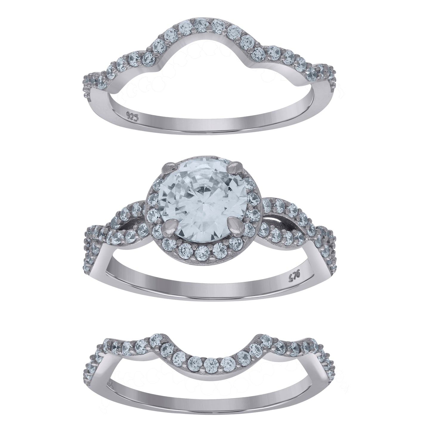 Sterling Silver Cubic-Zirconia Trio Bridal Anniversary Wedding Engagement Band Ring Set