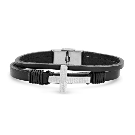 Stainless Steel Mens Cross Religious Black Leather Bracelet