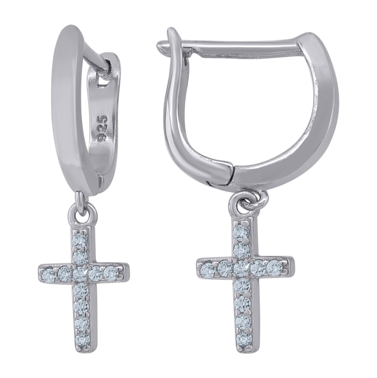Sterling Silver Unisex Cubic-Zirconia Cross Religious Dangle Hoop Earrings