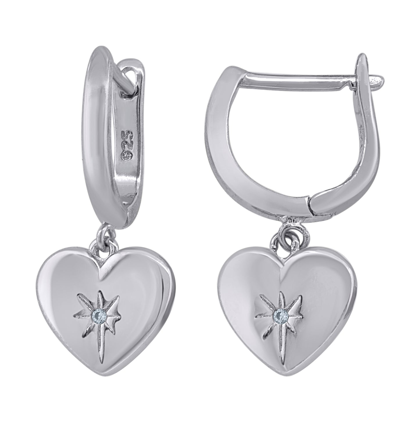 Sterling Silver Womens Cubic-Zirconia Heart Dangle Hoop Earrings