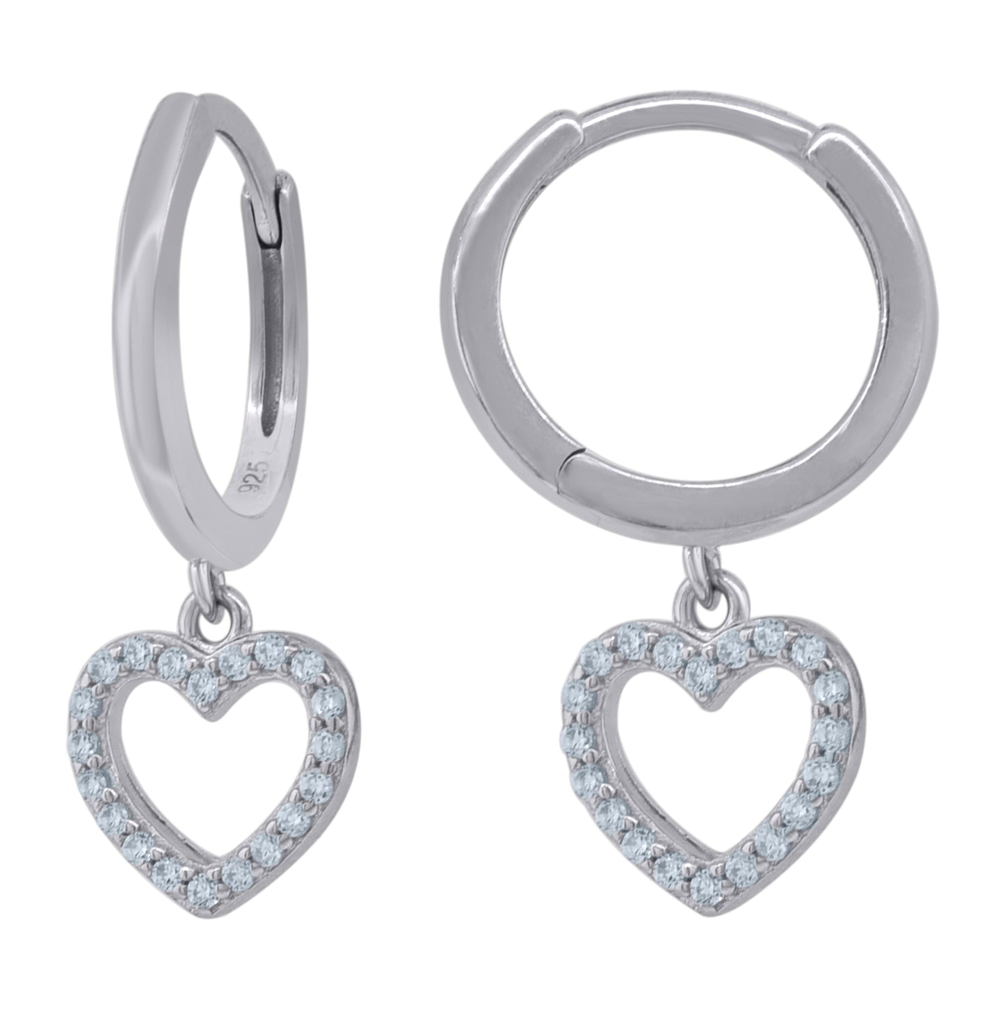 Sterling Silver Womens Cubic-Zirconia Heart Dangle Hoop Earrings