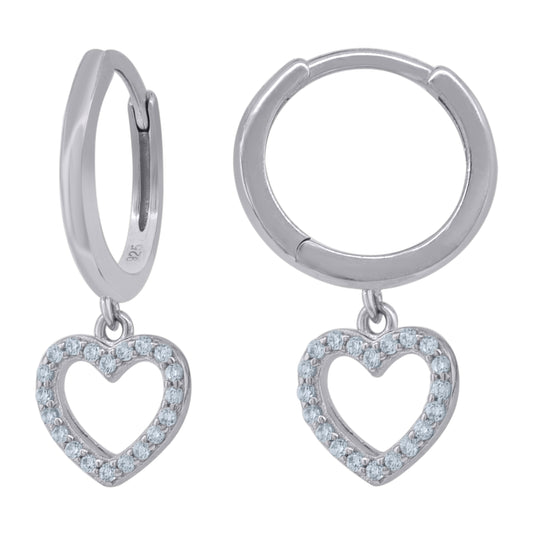 Sterling Silver Womens Cubic-Zirconia Heart Dangle Hoop Earrings
