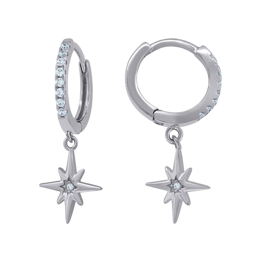 Sterling Silver Unisex Cubic-Zirconia Star Fashion Dangle Hoop Earrings
