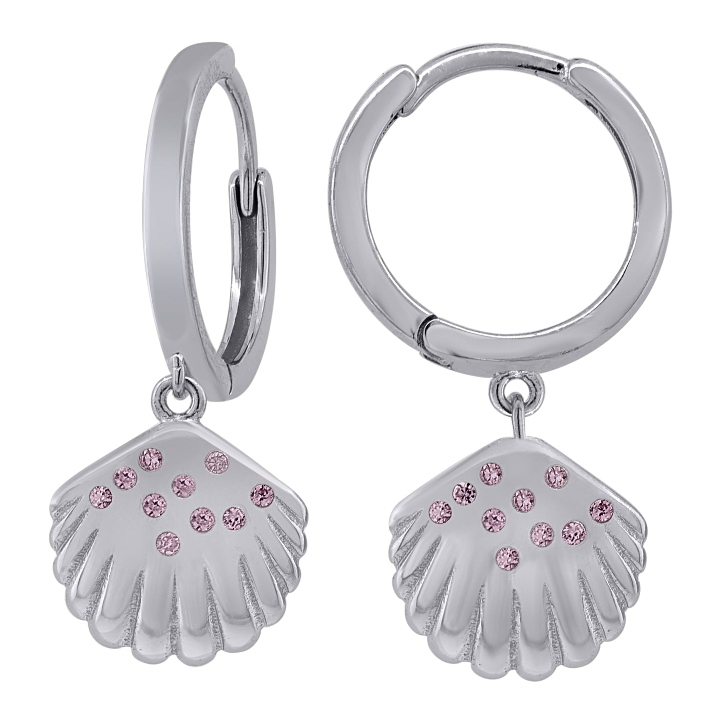 Sterling Silver Womens Pink Cubic-Zirconia Seashell Fashion Dangle Hoop Earrings