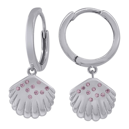 Sterling Silver Womens Pink Cubic-Zirconia Seashell Fashion Dangle Hoop Earrings