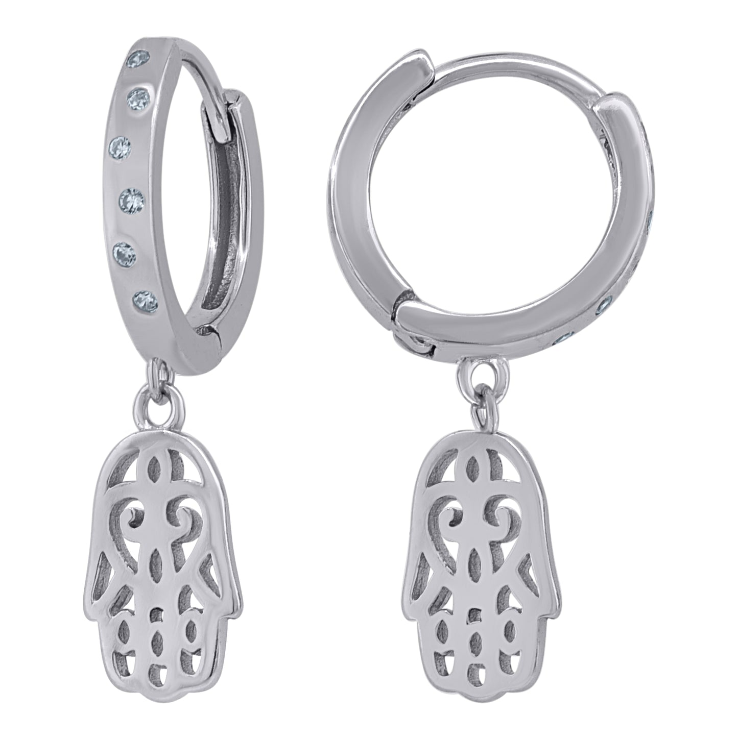 Sterling Silver Unisex Cubic-Zirconia Humsa Symbol Religious Dangle Hoop Earrings