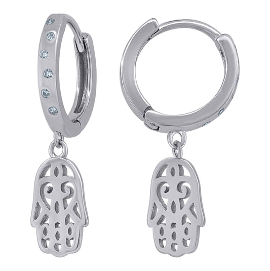 Sterling Silver Unisex Cubic-Zirconia Humsa Symbol Religious Dangle Hoop Earrings