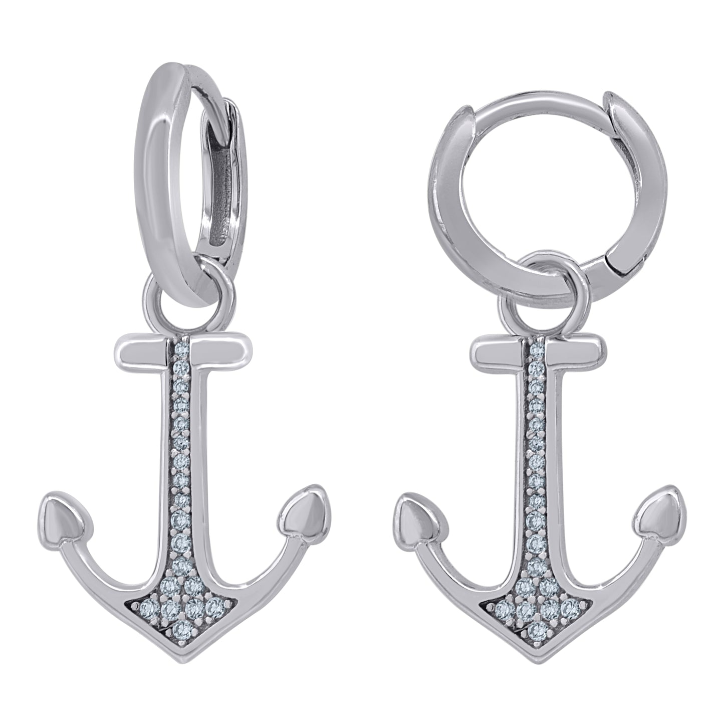 Sterling Silver Unisex Cubic-Zirconia Anchor Ocean Life Dangle Hoop Earrings