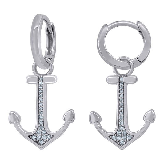 Sterling Silver Unisex Cubic-Zirconia Anchor Ocean Life Dangle Hoop Earrings