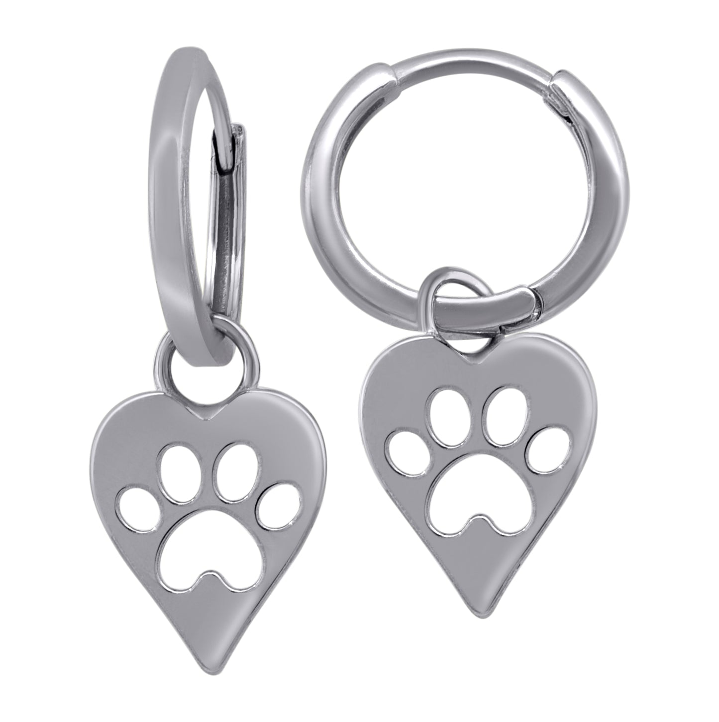 Sterling Silver Womens Paw Print Heart Dangle Hoop Earrings