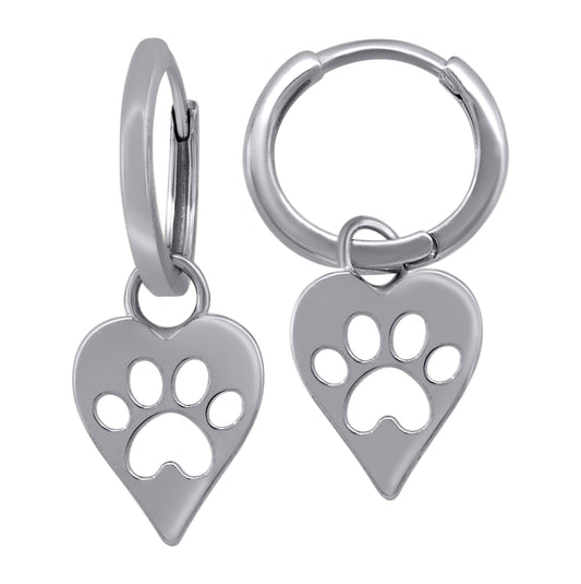 Sterling Silver Womens Paw Print Heart Dangle Hoop Earrings