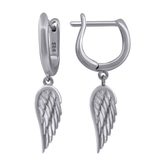 Sterling Silver Womens Angel Wing Religious Dangle Hoop Earrings