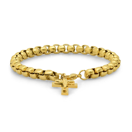 Stainless Steel Yellow-tone Mens Cross Religious Round Link Bracelet
