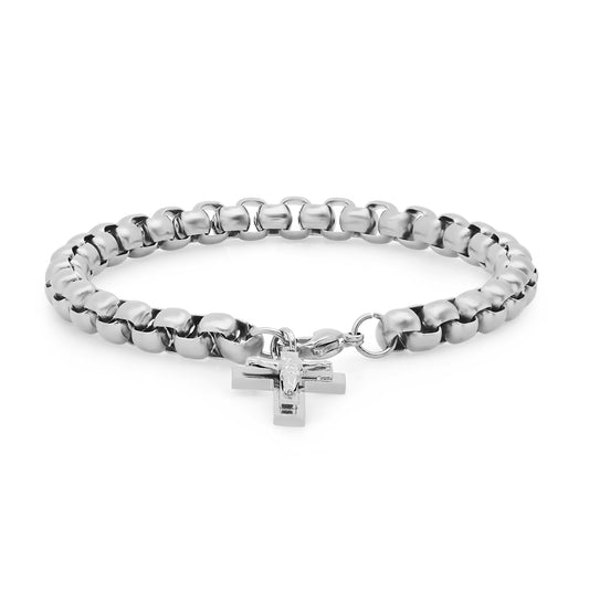 Stainless Steel Mens Cross Religious Round Link Bracelet