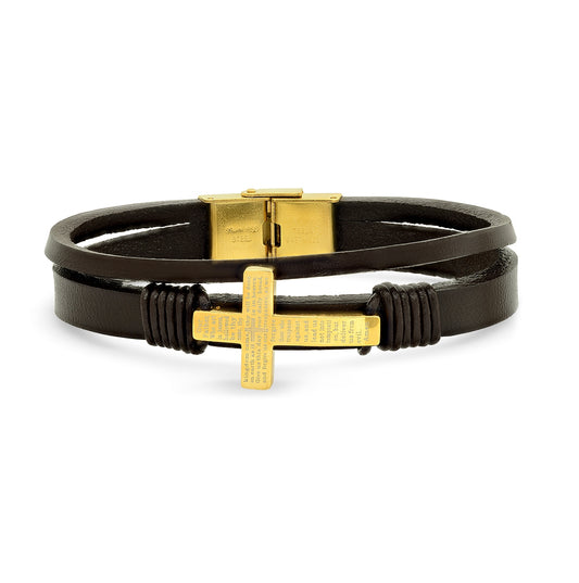 Stainless Steel Yellow-tone Mens Cross Religious Black Leather Bracelet