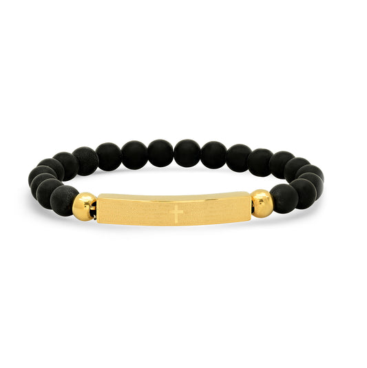 Stainless Steel Yellow-tone Unisex Black Beads Religious ID Stretchable Bracelet