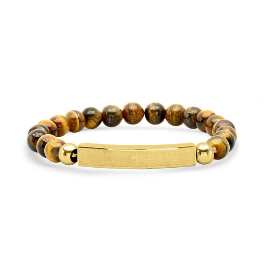 Stainless Steel Yellow-tone Unisex Brown Beads Religious ID Stretchable Bracelet