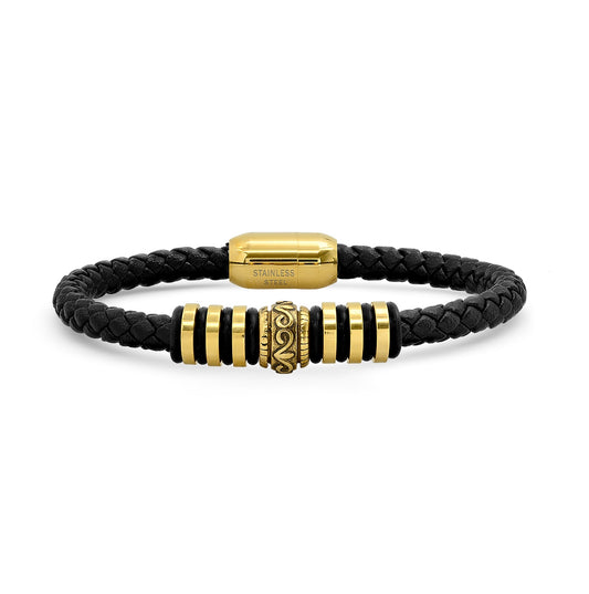 Stainless Steel Mens Yellow Black-Tone Weave Fashion Bracelet