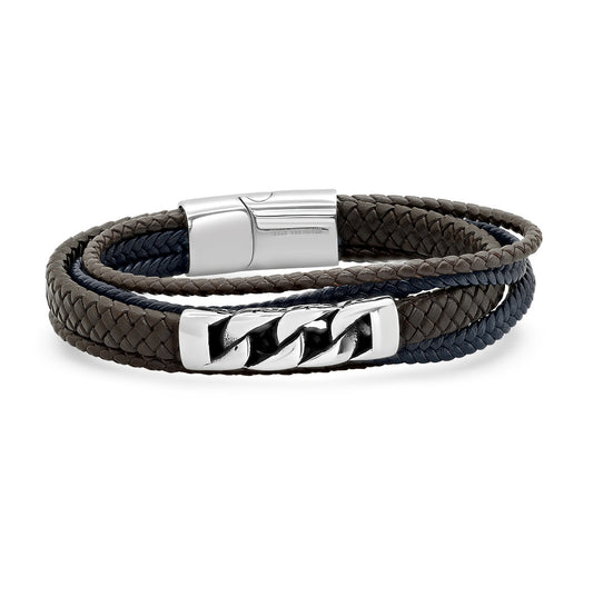 Stainless Steel Mens Braided Brown Leather With Magnetic Clasp Bracelet