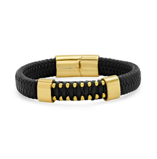 Stainless Steel Mens Yellow Black-Tone Fashion Black Leather Bracelet