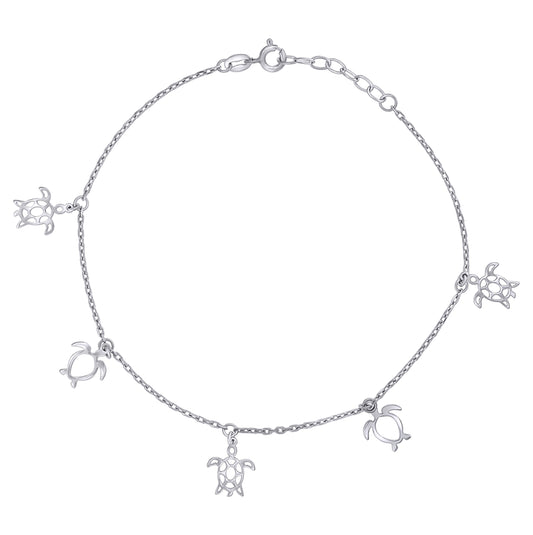 Sterling Silver Womens Ocean Life Turtle Charms Anklet Size 10 Inches
