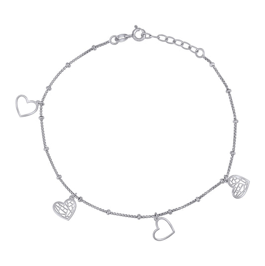 Sterling Silver Women Heart Charms Anklet Size 10 Inches