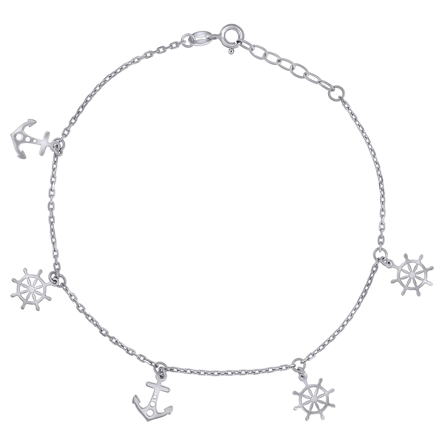 Sterling Silver Womens Ship Wheel & Anchor Charms Anklet Size 10 Inches