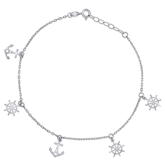 Sterling Silver Womens Ship Wheel & Anchor Charms Anklet Size 10 Inches