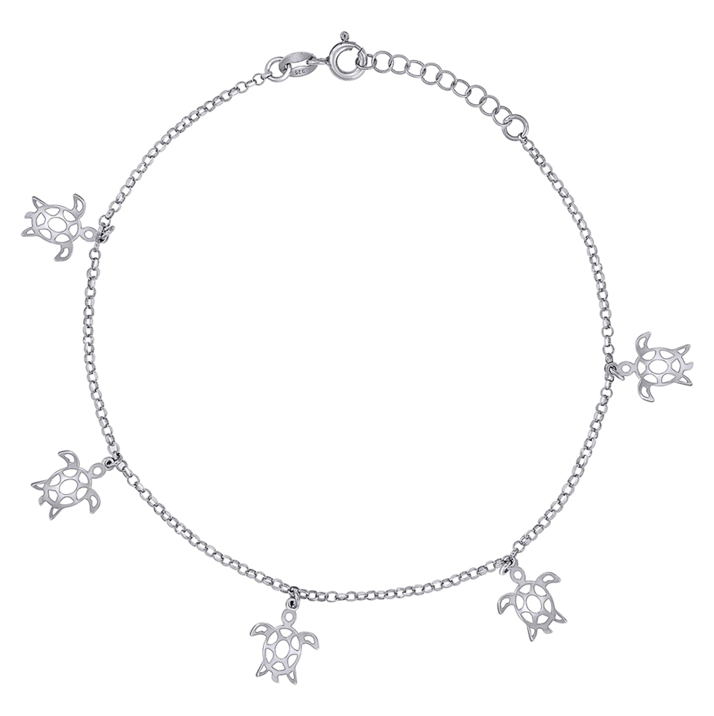 Sterling Silver Womens Ocean Life Turtle Charms Anklet Size 10 Inches