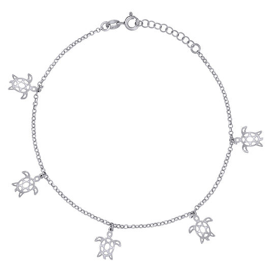 Sterling Silver Womens Ocean Life Turtle Charms Anklet Size 10 Inches