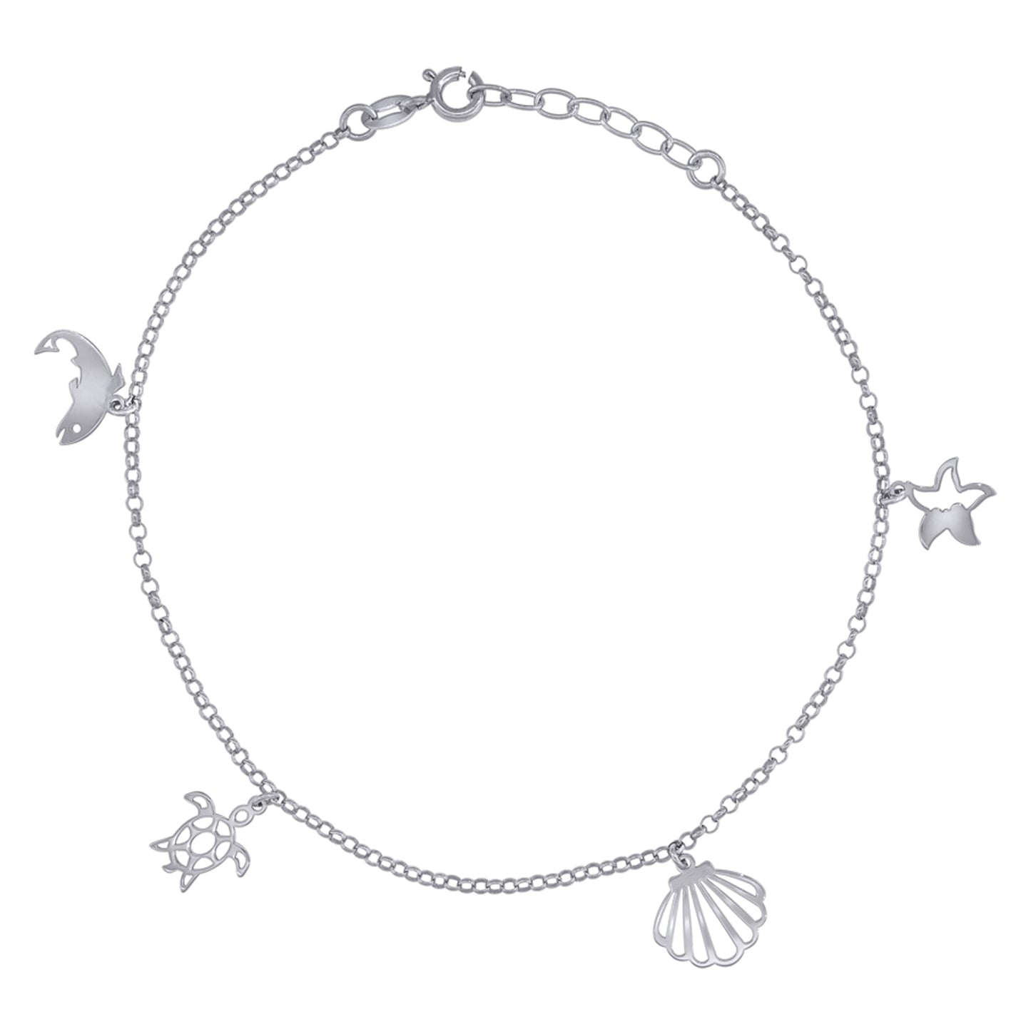 Sterling Silver Womens Ocean Life Charms Anklet Size 10 Inches