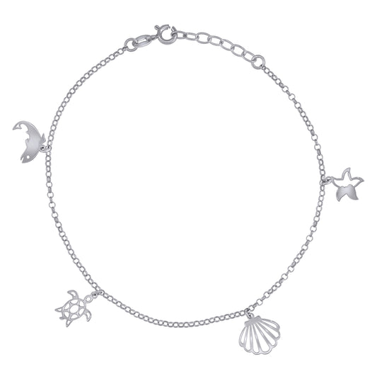 Sterling Silver Womens Ocean Life Charms Anklet Size 10 Inches
