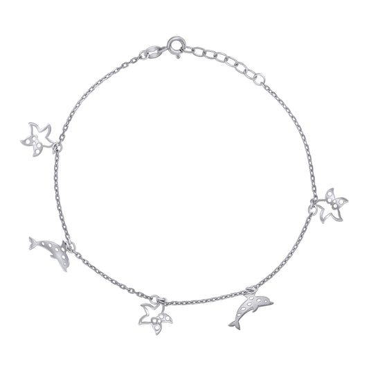 Sterling Silver Womens Ocean Life Charms Anklet Size 10 Inches