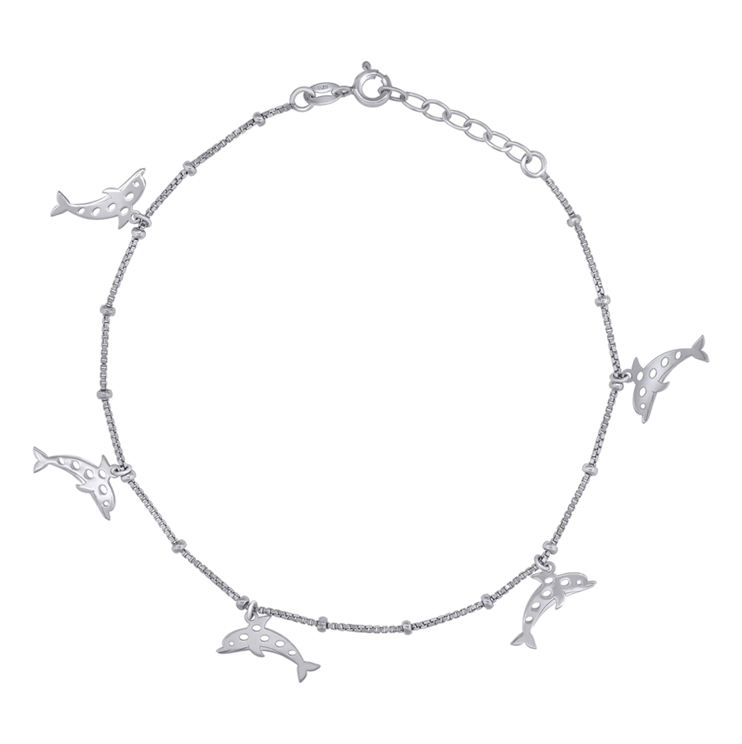 Sterling Silver Womens Jumping Dolphins Charms Anklet Size 10 Inches