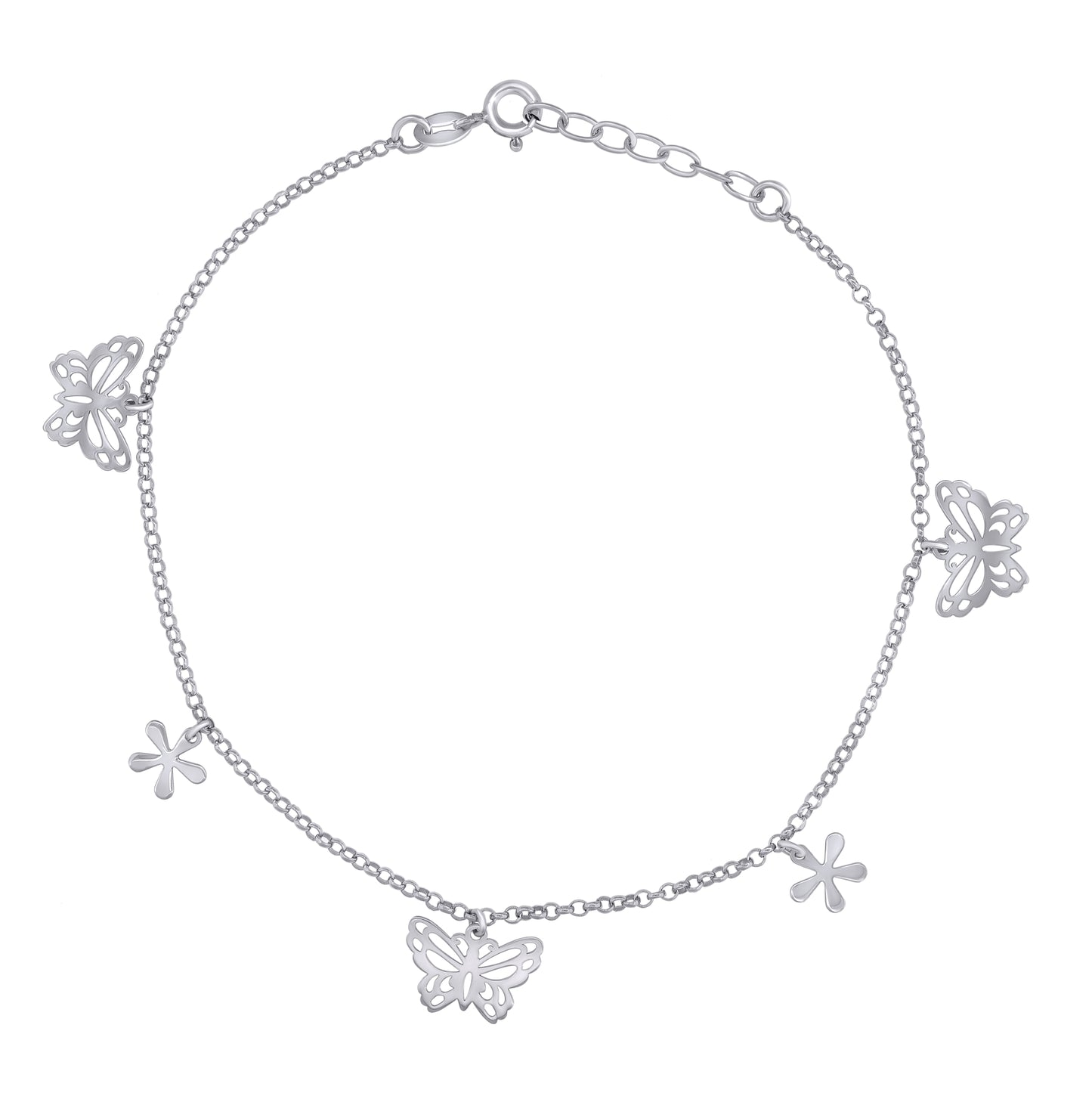 Sterling Silver Women Fashion Butterfly & Flower Anklet Size 10 Inches