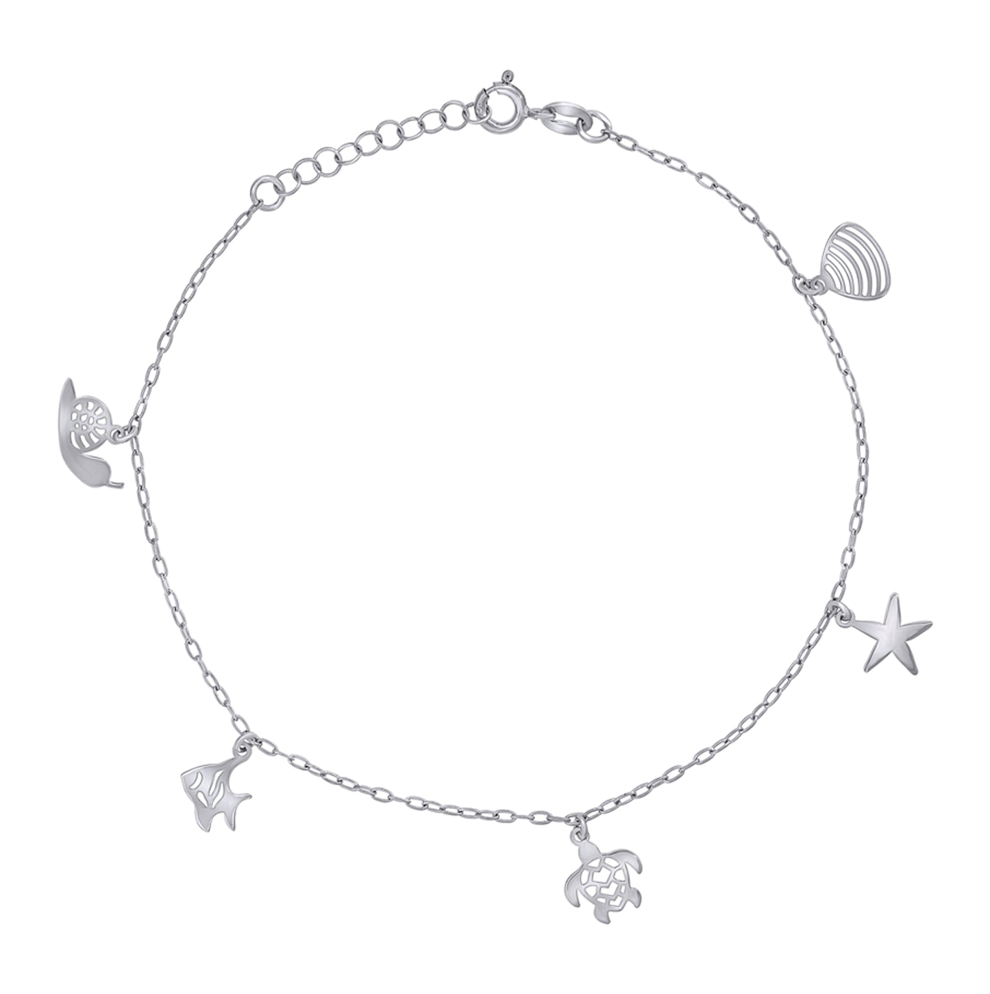 Sterling Silver Womens Ocean Life Charms Anklet Size 10 Inches