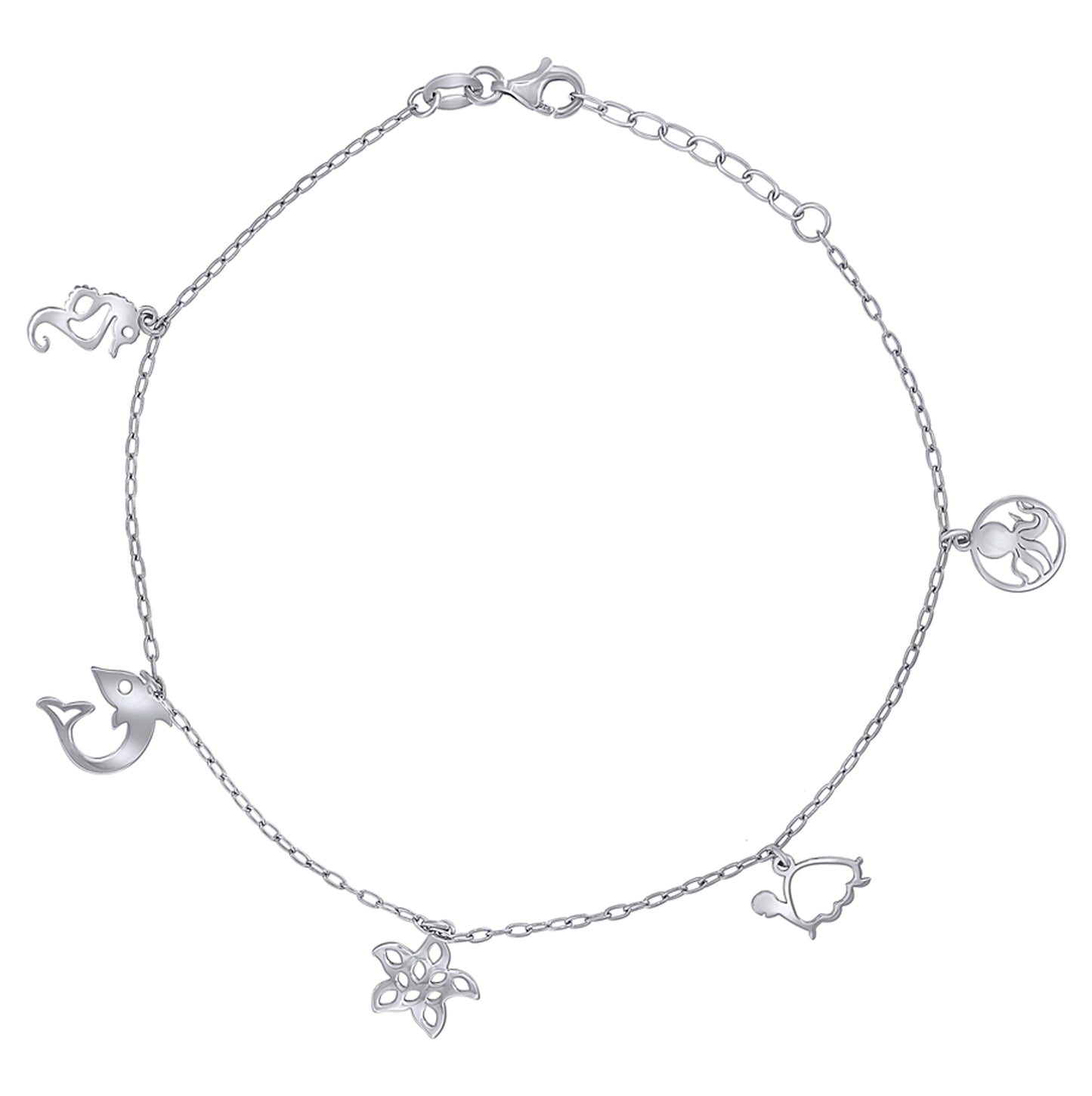 Sterling Silver Womens Ocean Life Charms Anklet Size 10 Inches