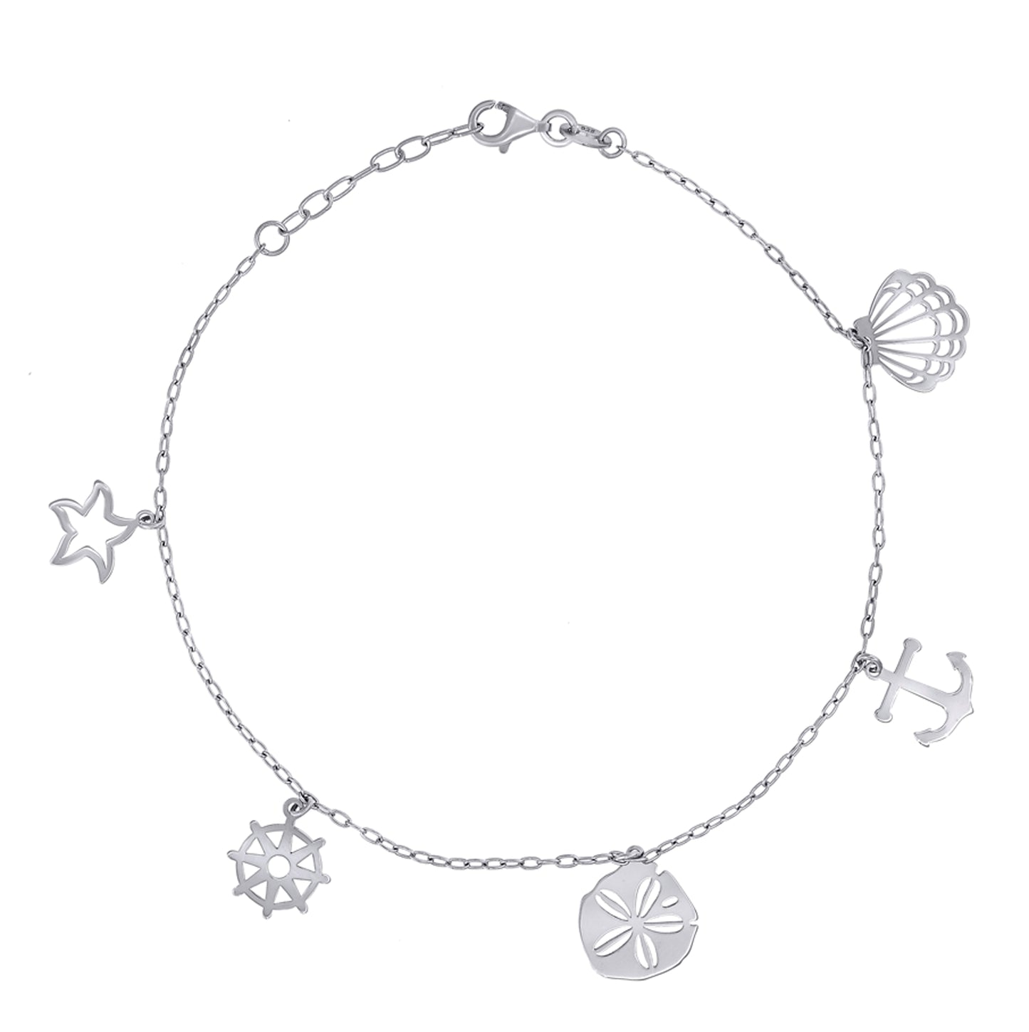 Sterling Silver Womens Ocean Life Charms Anklet Size 10 Inches