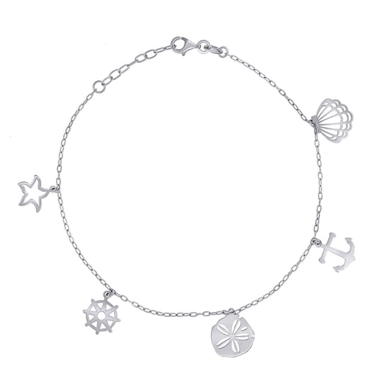 Sterling Silver Womens Ocean Life Charms Anklet Size 10 Inches
