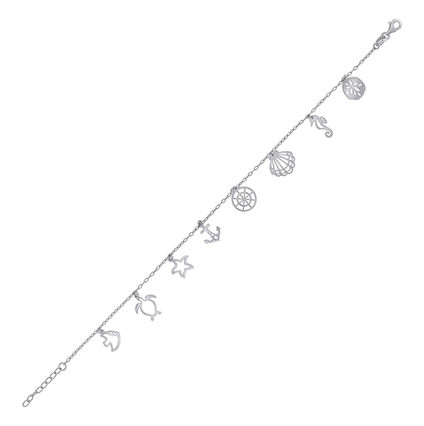 Sterling Silver Womens Ocean Life Charms Anklet Size 10 Inches