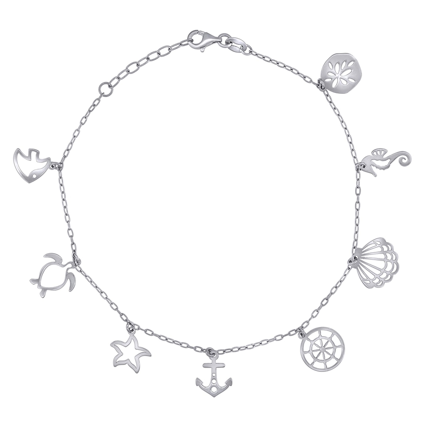 Sterling Silver Womens Ocean Life Charms Anklet Size 10 Inches