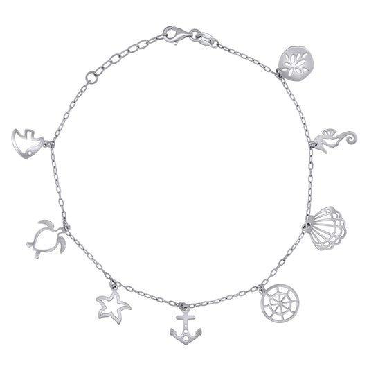 Sterling Silver Womens Ocean Life Charms Anklet Size 10 Inches