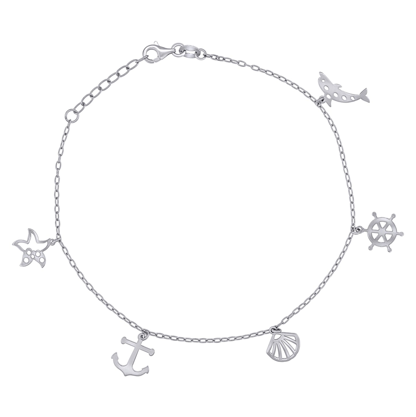 Sterling Silver Womens Ocean Life Charms Anklet Size 10 Inches