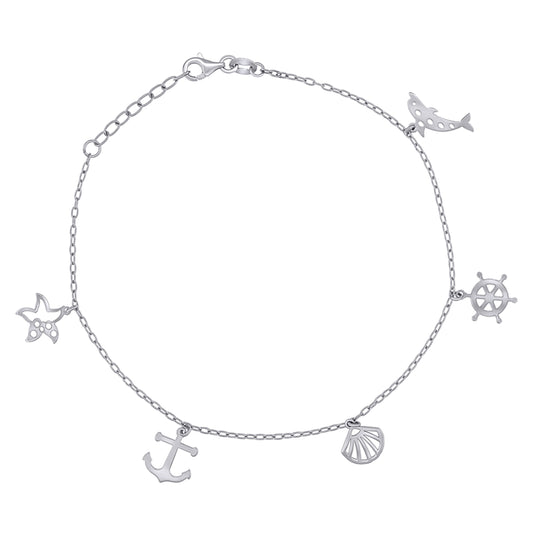 Sterling Silver Womens Ocean Life Charms Anklet Size 10 Inches